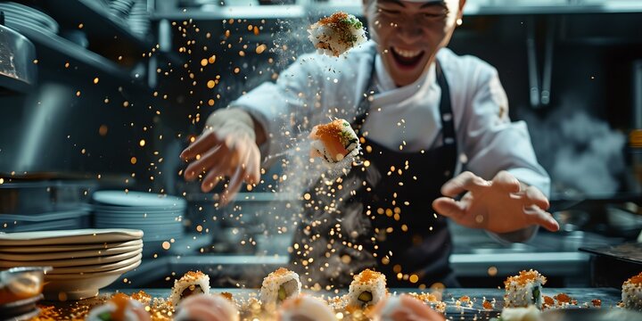 Joyful chef cooking with flair in a bustling kitchen. a lively atmosphere with flying ingredients. culinary art captured in motion. AI