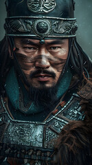 A close-up portrayal of a Mongol warrior in traditional attire