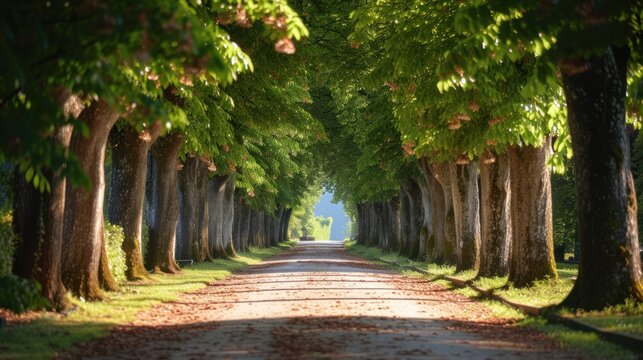  a road lined with trees on both sides of it and a person walking down the middle of the road on the other side of the road in the middle of the picture.