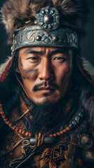 A close-up portrayal of a Mongol warrior in traditional attire
