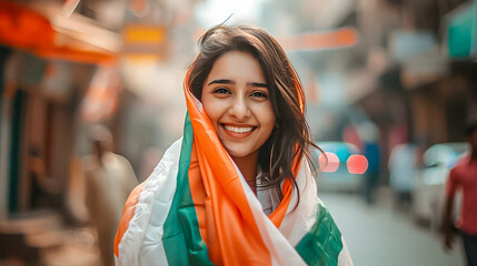 Radiant woman with Indian flag.
