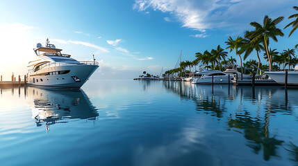 A luxurious yacht moored at a pristine dock, its sleek hull gleaming in the sunlight