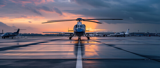 A captivating photograph capturing both an airplane and a helicopter parked on the ground - obrazy, fototapety, plakaty