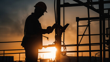 A silhouette of construction electrician working in a factory, worker with helmet, electrical worker in action