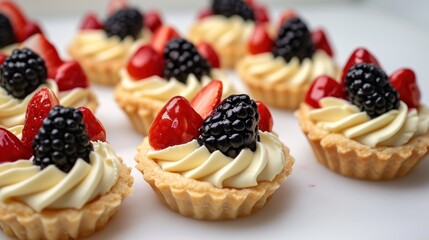  a close up of a plate of cupcakes with fruit toppings on top of each of the cupcakes is topped with whipped cream and blackberries and raspberries.
