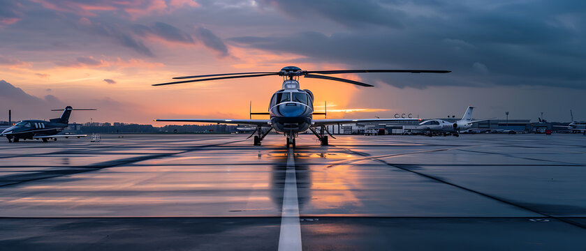 A captivating photograph capturing both an airplane and a helicopter parked on the ground