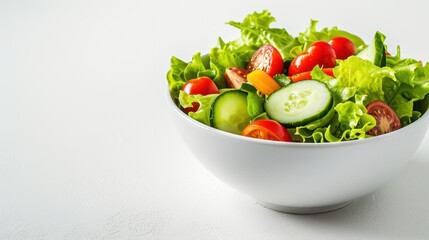  a white bowl filled with lettuce, tomatoes, cucumbers, and cucumber slices on top of a white counter top of a white surface.