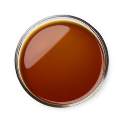 Petri dish with color liquid sample isolated on white, top view