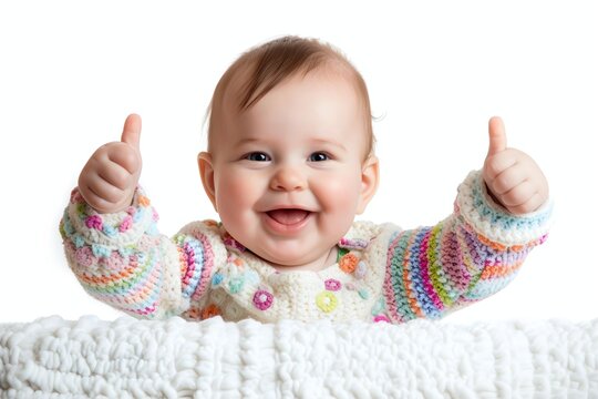 Adorable baby smiling and giving a thumbs up on a white background
