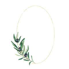 Golden oval frame, wreath, border with black olive branch isolated on white background. For wedding stationery, invitations, save the date, greeting card, logos.