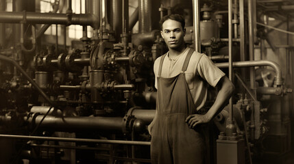 Fototapeta na wymiar Vintage image of a young man in overalls standing in front of a machine - Generative AI