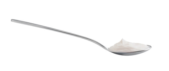 One silver spoon with sour cream isolated on white