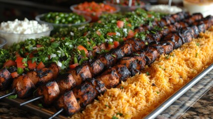  a large platter of meat and rice with a variety of condiments on the side of the platter and a side dish of salad on the side.