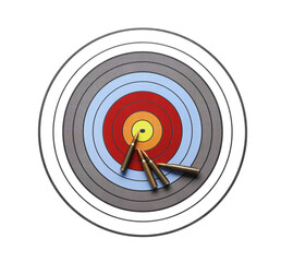 Shooting target and bullets isolated on white, top view