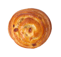 Delicious roll isolated on white, top view. Sweet bun