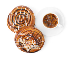 Delicious rolls with toppings, almond and cup of coffee isolated on white, top view. Sweet buns