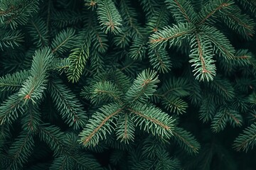 Christmas background with a close-up of green fir tree branches A moody and dark design for seasonal quotes and messages