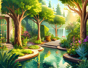 Abstract garden in the house, in the midst of nature, with the sound of flowing water and trees on digital art concept.
