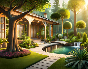 Abstract garden in the house, in the midst of nature, with the sound of flowing water and trees on digital art concept.