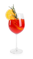 Glass of tasty Aperol spritz cocktail isolated on white