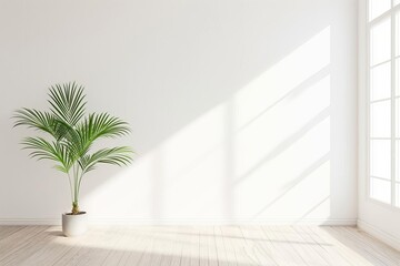 Empty white room Minimal decor. wooden floor Potted plant Serene space Modern simplicity