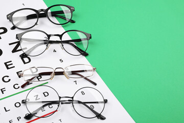 Vision test chart and glasses on green background, closeup. Space for text