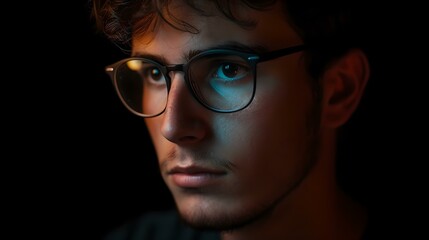 Fototapeta na wymiar Intense young man with glasses in a dark setting. close-up portrait, contemporary style. ideal for concept art and character studies. AI