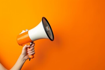 Hand holding megaphone Marketing call to action. sales announcement Vibrant orange backdrop - obrazy, fototapety, plakaty