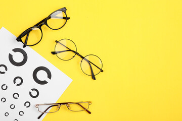 Vision test chart and glasses on yellow background, flat lay. Space for text