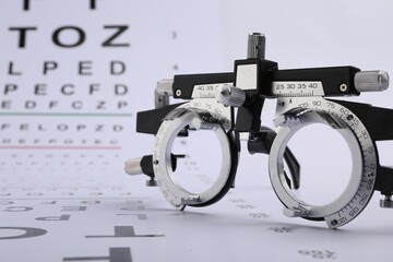 Vision test chart and trial frame on white background, closeup