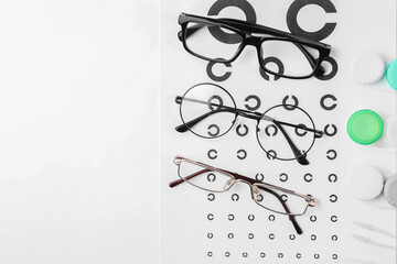 Vision test chart, glasses, lenses and tweezers on white background, flat lay. Space for text