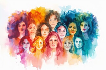 Happy women group International women's day. watercolor style celebration Diverse representation - obrazy, fototapety, plakaty