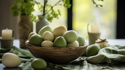 green, beige. Traditional Easter colored eggs. natural colors, eco-friendly. The table is set for...