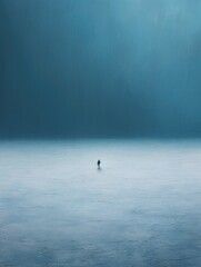 blue empty space. a small figure of a man in the distance. loneliness, depression and mental health. to be alone, solo.