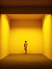 yellow empty space. a small figure of a man in the distance. loneliness, depression and mental health. to be alone, solo.