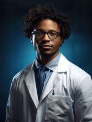 Obraz premium African American man student scientist or doctor, wearing a white gown, standing, looking and smiling. science and study