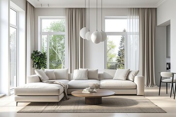 Modern living room Clean and contemporary. daylight freshness Beige white sofa Interior elegance
