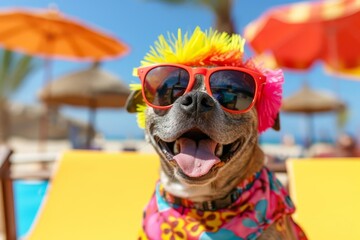 Party dog in colorful summer attire Adding a fun and humorous touch to a bright setting - obrazy, fototapety, plakaty