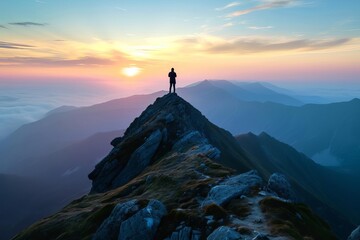 Person standing on a mountain peak during sunset A symbol of achievement and the beauty of nature - obrazy, fototapety, plakaty