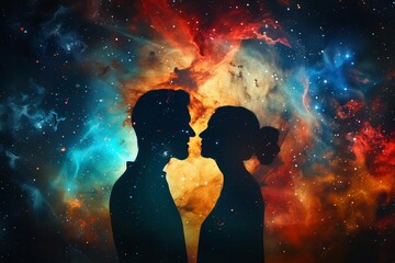 Silhouettes of a man and woman against an abstract cosmic background Symbolizing the connection between human souls and the universe