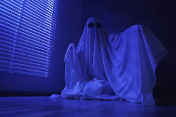 Creepy ghost. Woman covered with sheet near window in blue light, low angle view. Space for text