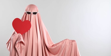 Cute ghost. Woman in pink sheet with sunglasses and red heart on light grey background, space for...