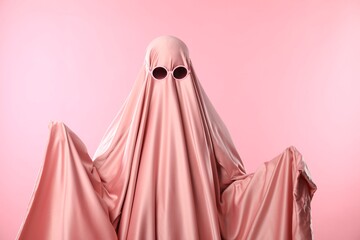 Glamorous ghost. Woman in sheet with sunglasses on pink background