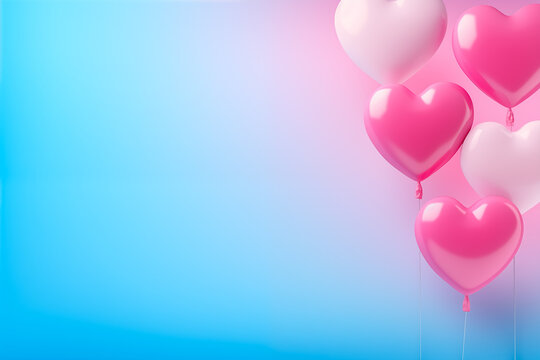Pink and blue heart-shaped balloons on a blue background. Copy space, top view