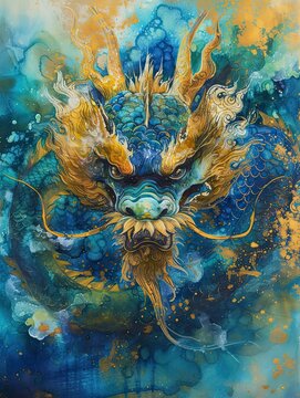 dragon headshot, Year of the Dragon, chinese traditional painting, 3d wallpaper,  gold, blue, green, generative AI