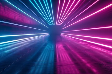 3d rendering of a futuristic neon background With vibrant pink and blue laser lines ascending in an...