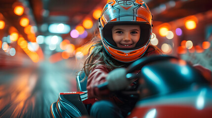 A cheerful young girl, wearing a racing helmet, experiences the thrill of driving a go-kart at a brightly lit indoor track - obrazy, fototapety, plakaty
