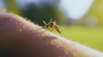 A mosquito is piercing human skin to feed, with the sunlight illuminating its delicate, translucent wings and elongated proboscis