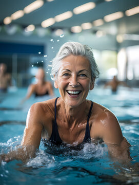 Retired woman having fun in a swimming class with other seniors. Water game in indoor pool. Image conveys improvement, active and happy person.