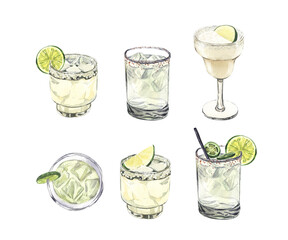 Summer cocktail set, spicy lime margarita in a short and tall glass and pepper jalapeno. Watercolor hand-drawn illustration isolated on white background. Perfect for recipe alcoholic lists with drinks